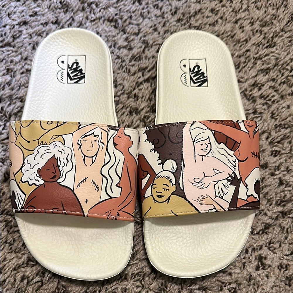Vans Cream and Brown Sandals with Artistic Design